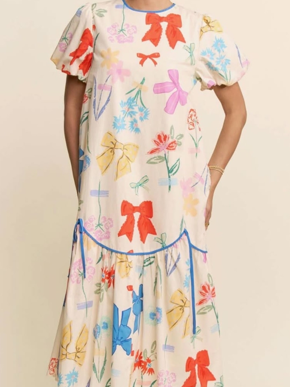 Cream Floral & Bow Print Puff Sleeve Maxi Dress